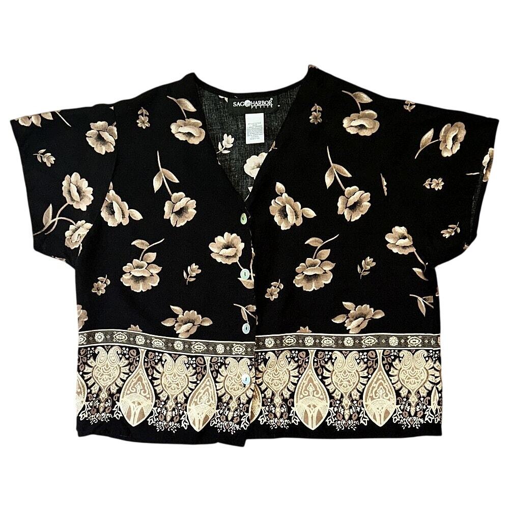 Sag Harbor V-Neck Black & Tan Floral & Paisley Print Top Large Petite